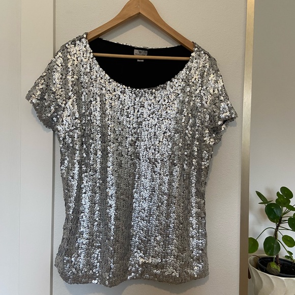 Silver Sequin Shimmer Glitter Top Sz XL - Picture 1 of 6